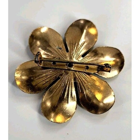 Vintage Gold tone Daisy Brooch With Amber Rhinestone Center Black Accent Pin - Picture 6 of 10